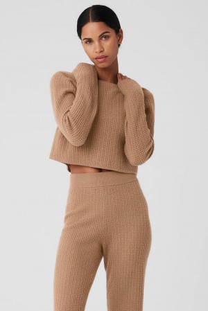 Camisetas Manga Larga Alo Yoga Cashmere Plush Waffle Cropped Mujer Toasted Almond | Colombia FEJL-34625