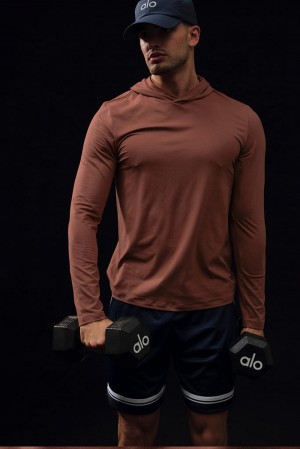 Camisetas Manga Larga Alo Yoga Conquer Reform With Hood Hombre Chestnut | Colombia LDMQ-93520