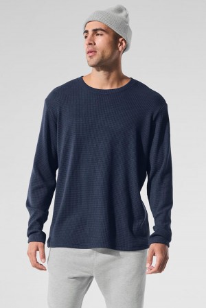 Camisetas Manga Larga Alo Yoga Elevate Waffle Crew Hombre Azul Marino | Colombia SHEO-65871