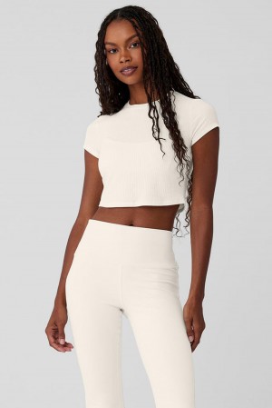 Camisetas Running Alo Yoga Ribbed Sea Coast Cropped Sleeve Mujer Ivory | Colombia WFJK-70269