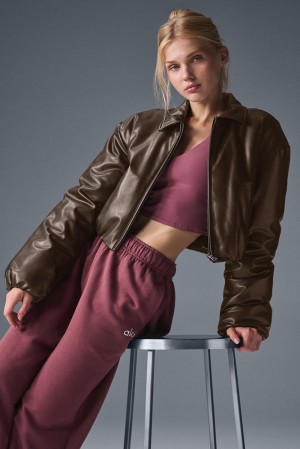 Chaqueta Bomber Alo Yoga Faux Leather Cropped Premier Mujer Espresso | Colombia KDEL-63219