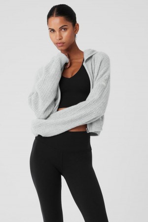 Sudadera con Capucha Alo Yoga Cashmere Plush Waffle Full Zip Mujer Gris | Colombia CLOH-41635