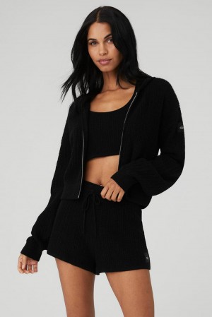 Sudadera con Capucha Alo Yoga Cashmere Plush Waffle Full Zip Mujer Negras | Colombia NIBS-74681