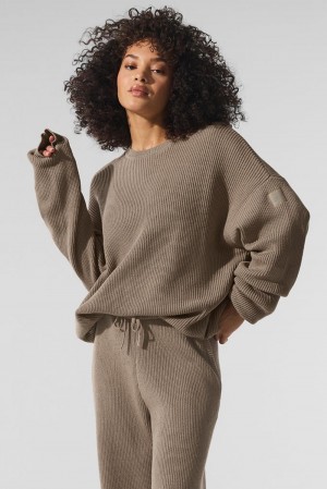 Suéteres Alo Yoga Domain Rib Knit Crew Mujer Gravel | Colombia MWJG-13824