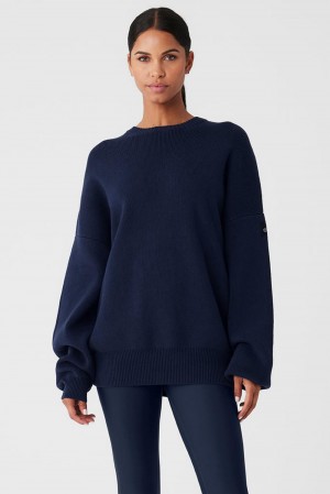 Suéteres Alo Yoga Scholar Crew Neck Mujer Azul Marino | Colombia QJFS-93475