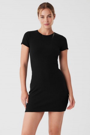 Vestido Alo Yoga Goddess Ribbed Short Sleeve Mujer Negras | Colombia WRIJ-83604
