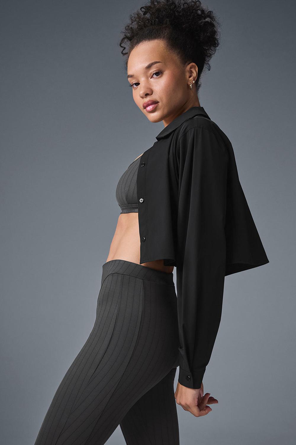 Camisa Recortada Alo Yoga Take Me Out Button Up Mujer Negras | Colombia  SALR-86510
