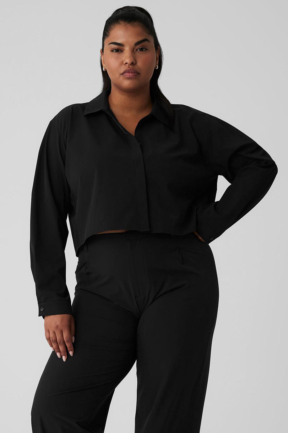 Camisa Recortada Alo Yoga Take Me Out Button Up Mujer Negras | Colombia  SALR-86510