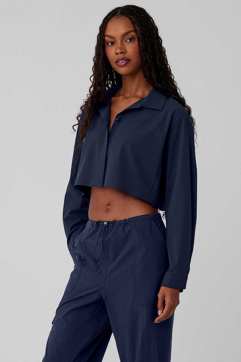 Camisa Recortada Alo Yoga Take Me Out Button Up Mujer Azul Marino | Colombia  QFKB-78426