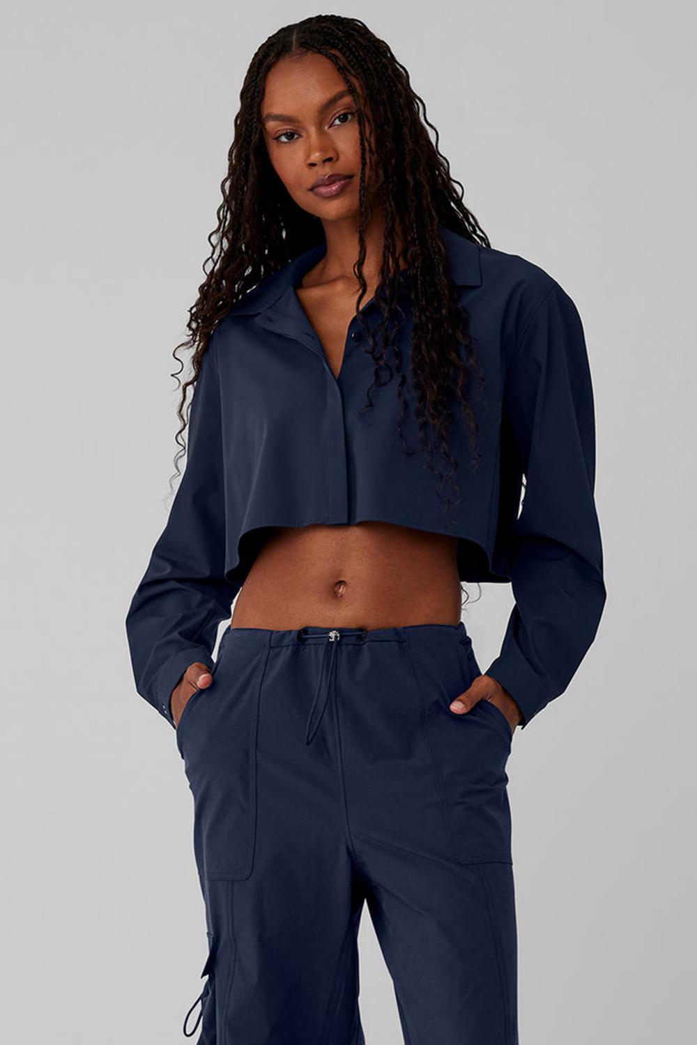 Camisa Recortada Alo Yoga Take Me Out Button Up Mujer Azul Marino | Colombia  QFKB-78426