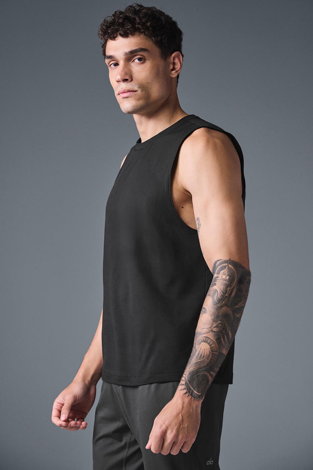 Camiseta Sin Mangas Running Alo Yoga Conquer Muscle Hombre Negras | Colombia  MKUH-80672