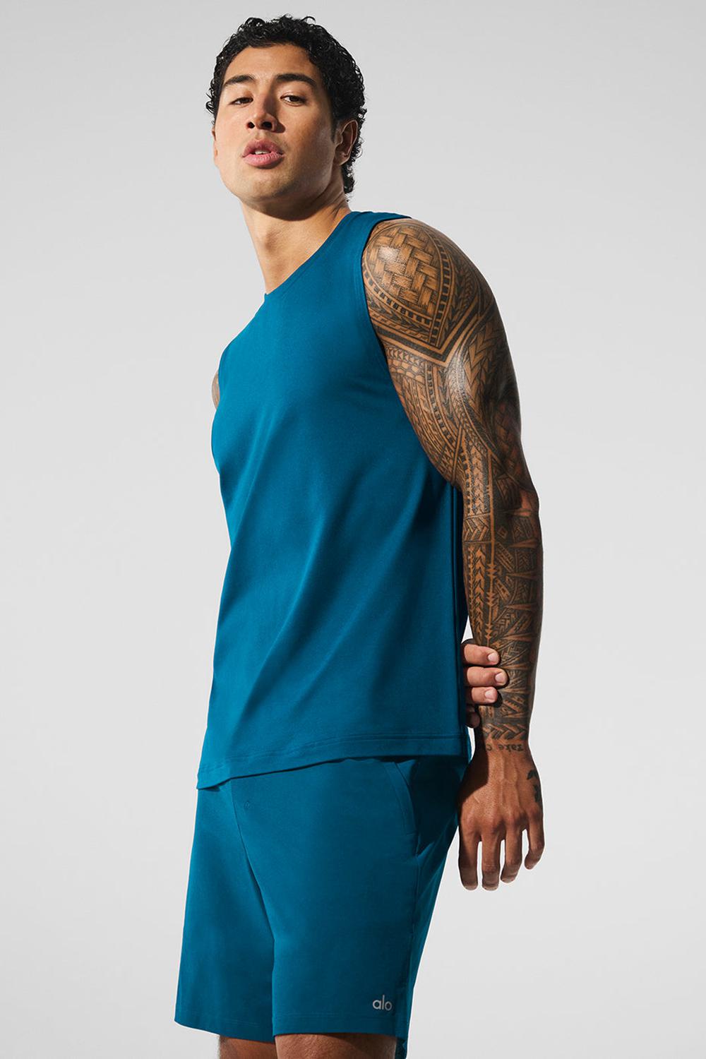Camiseta Sin Mangas Running Alo Yoga Conquer Muscle Hombre Azules | Colombia  QIKA-23760