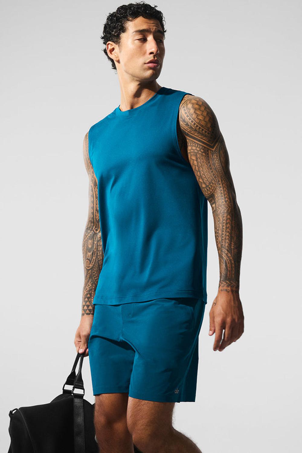 Camiseta Sin Mangas Running Alo Yoga Conquer Muscle Hombre Azules | Colombia  QIKA-23760