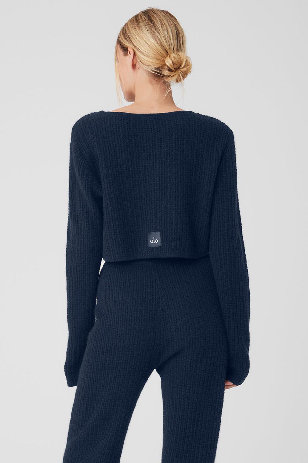 Camisetas Manga Larga Alo Yoga Cashmere Plush Waffle Cropped Mujer Azul Marino | Colombia  QLTN-82397