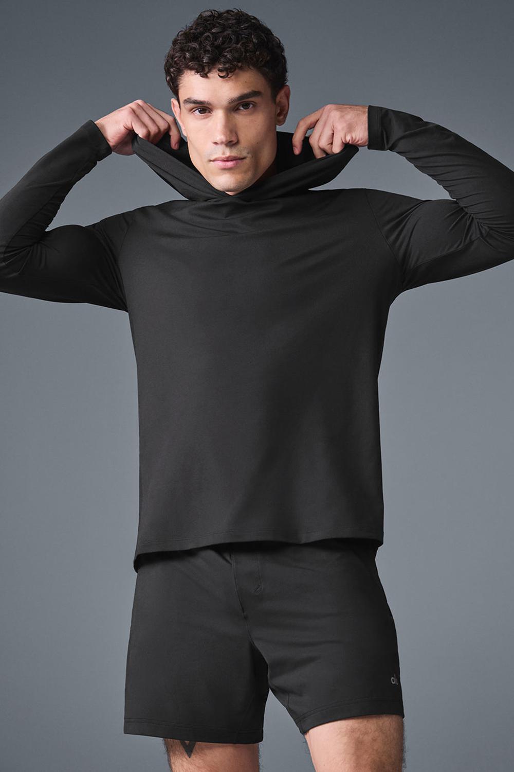 Camisetas Manga Larga Alo Yoga Conquer Reform With Hood Hombre Negras | Colombia  KOIC-10659
