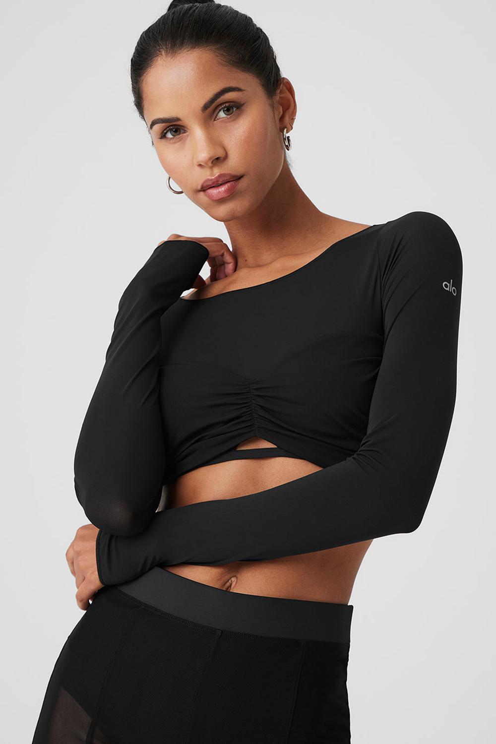 Camisetas Manga Larga Alo Yoga Mesh Sheer Illusion Cropped Mujer Negras | Colombia  YUBL-09215
