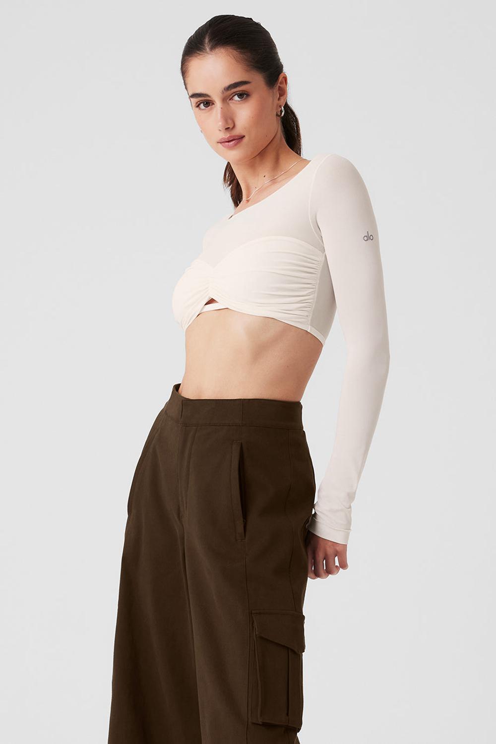 Camisetas Manga Larga Alo Yoga Mesh Sheer Illusion Cropped Mujer Ivory | Colombia  MKDI-48023