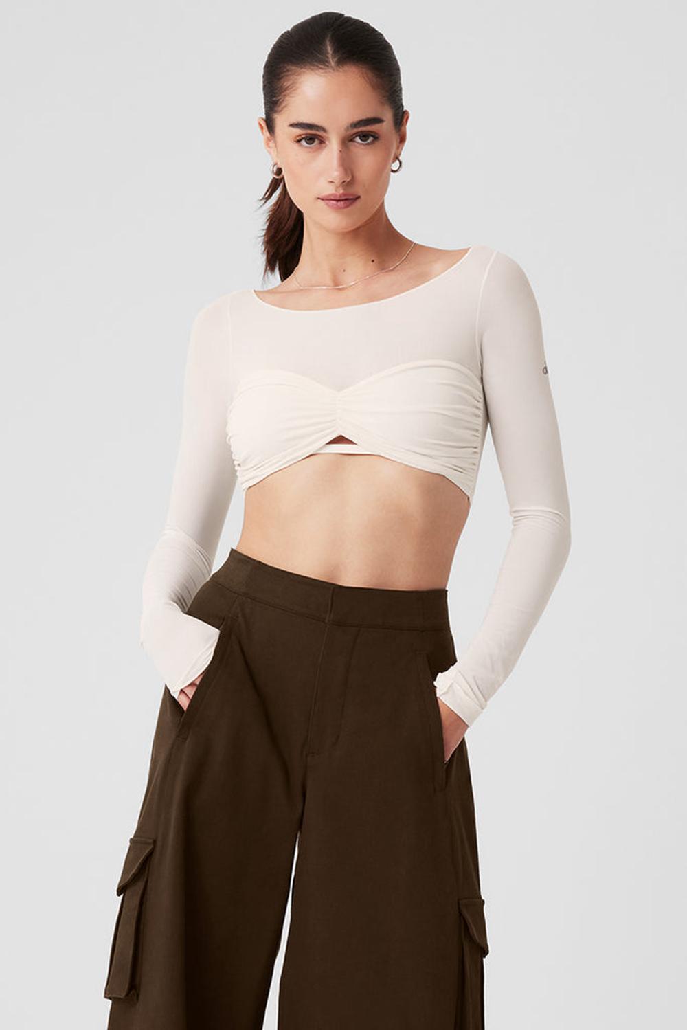 Camisetas Manga Larga Alo Yoga Mesh Sheer Illusion Cropped Mujer Ivory | Colombia  MKDI-48023