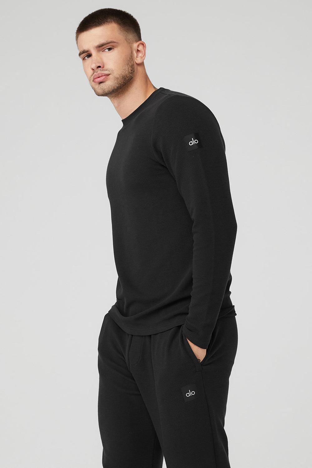 Camisetas Manga Larga Alo Yoga Micro Waffle Fast Break Tee Hombre Negras | Colombia  CWFY-01265