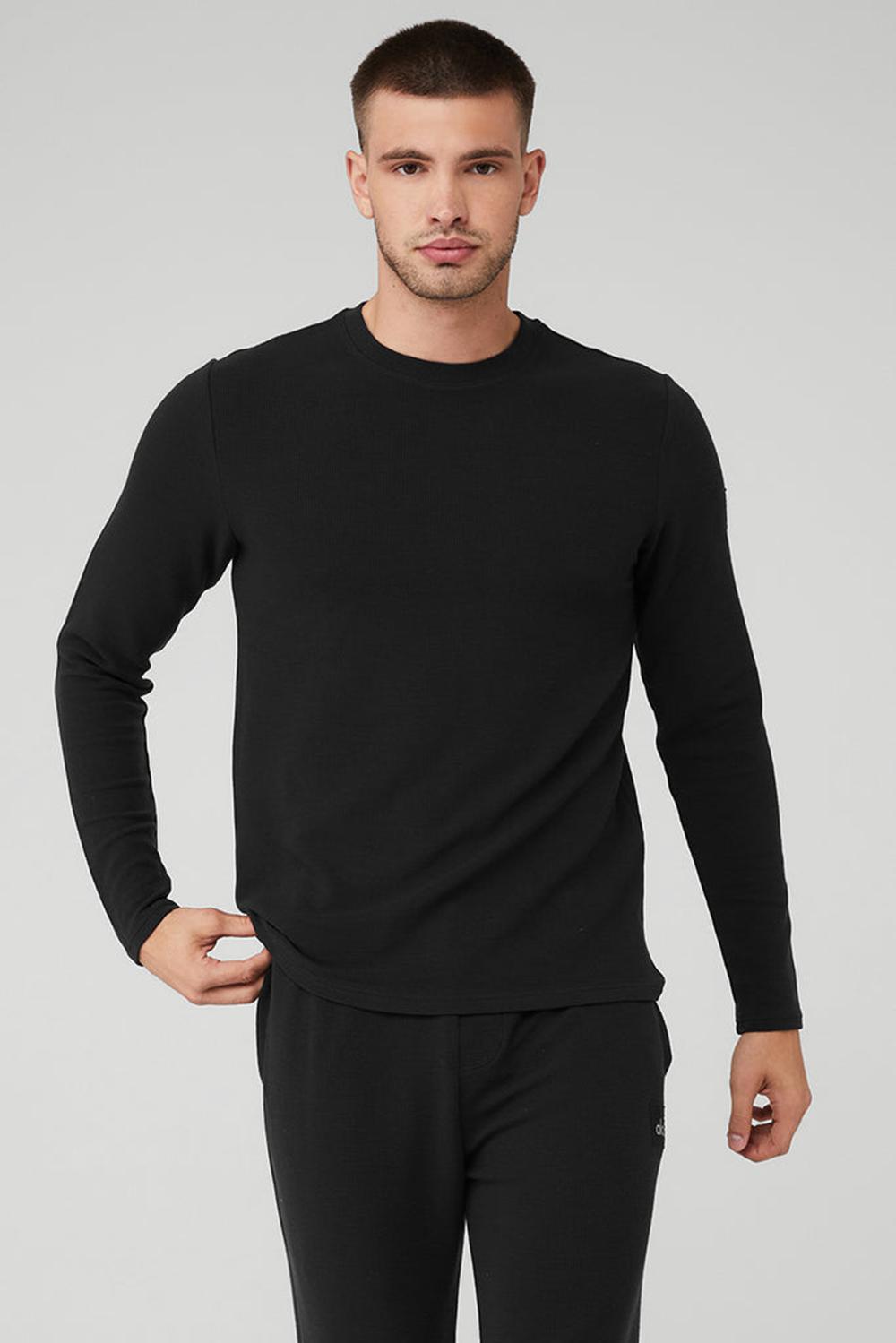 Camisetas Manga Larga Alo Yoga Micro Waffle Fast Break Tee Hombre Negras | Colombia  CWFY-01265