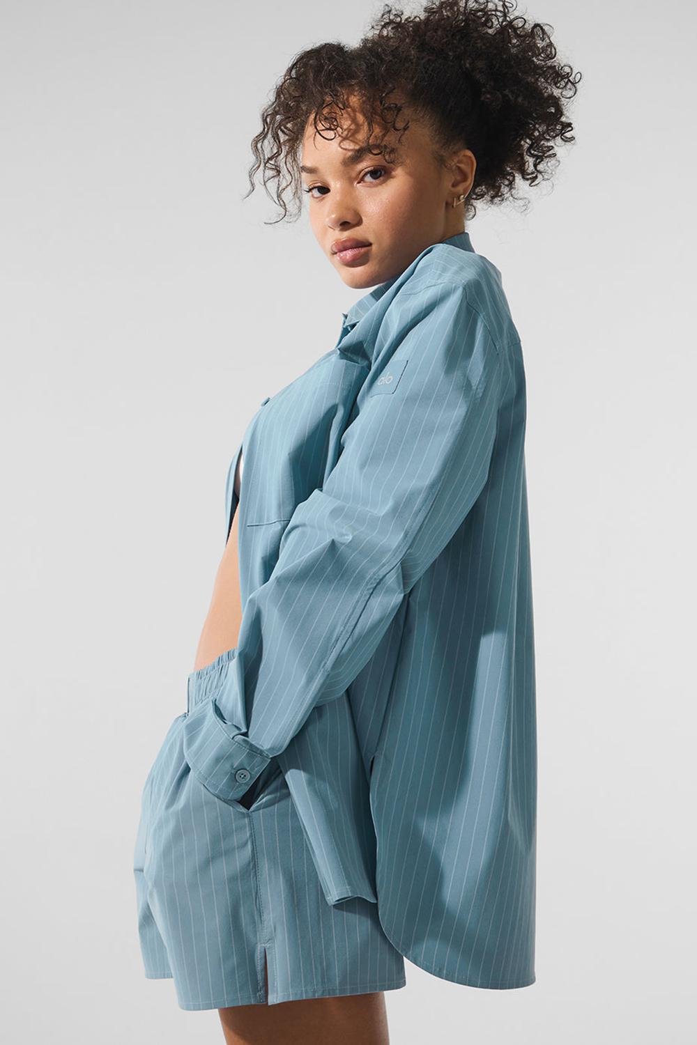 Camisetas Manga Larga Alo Yoga Pinstripe Daylight Button Down Mujer Verde Menta Azules Blancas | Colombia  UCOI-50362