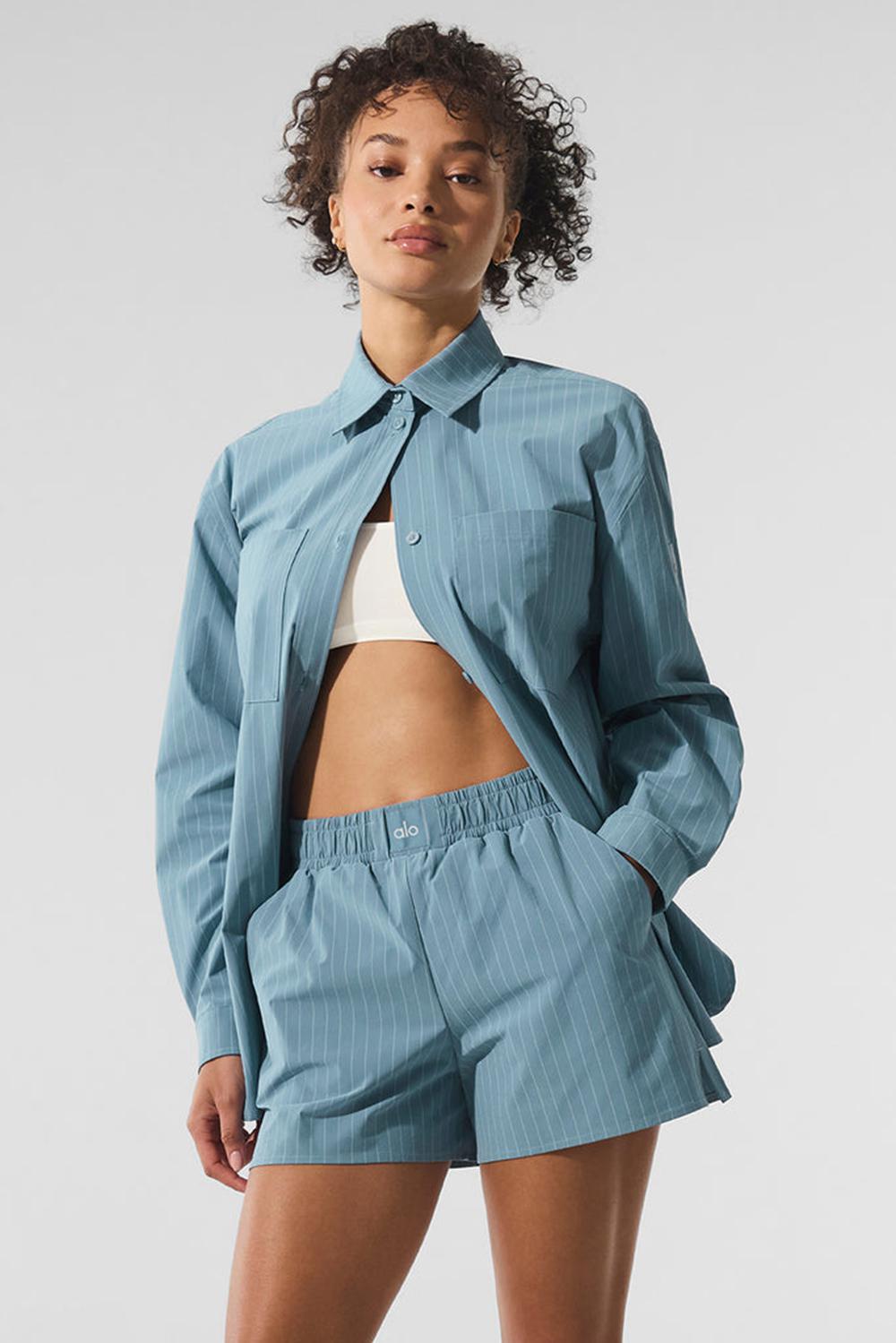 Camisetas Manga Larga Alo Yoga Pinstripe Daylight Button Down Mujer Verde Menta Azules Blancas | Colombia  UCOI-50362
