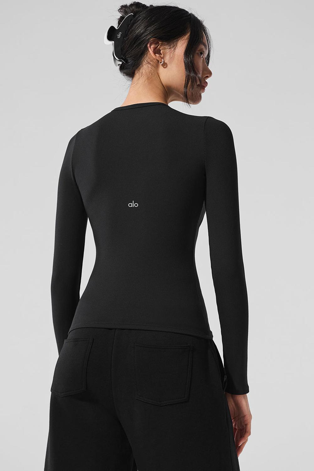 Camisetas Manga Larga Alo Yoga Ribbed Modal Mujer Negras | Colombia  CUMB-53629