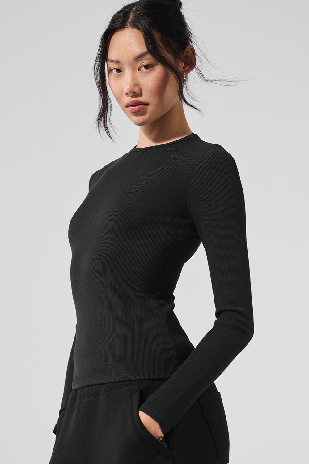 Camisetas Manga Larga Alo Yoga Ribbed Modal Mujer Negras | Colombia  CUMB-53629