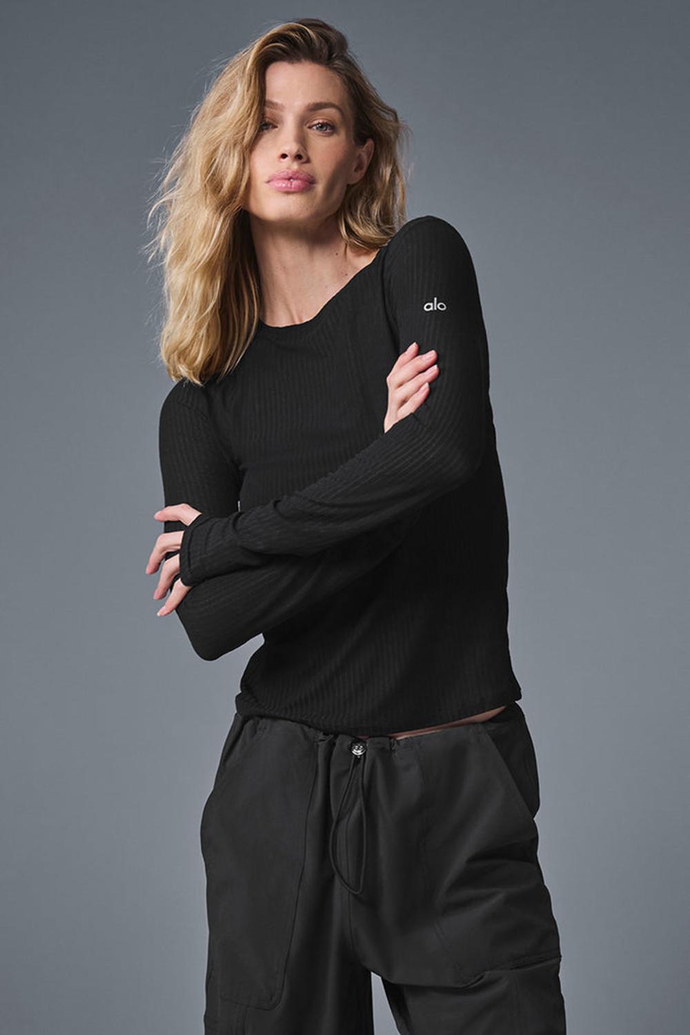 Camisetas Manga Larga Alo Yoga Ribbed Sea Coast Mujer Negras | Colombia  TKVN-41793