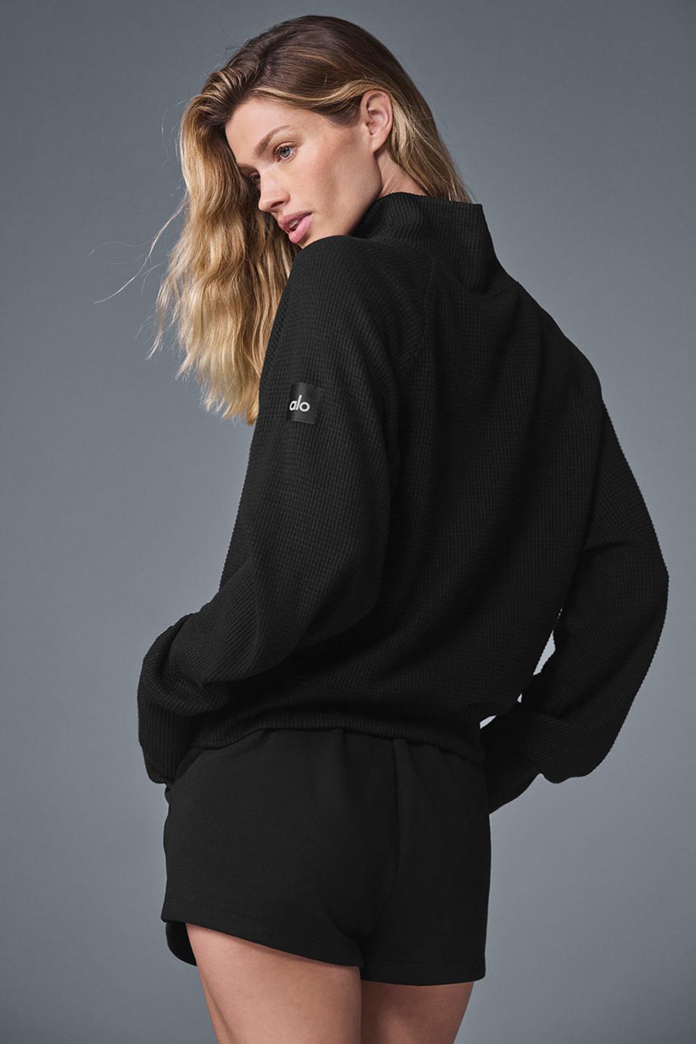 Camisetas Manga Larga Alo Yoga Waffle Weekend Escape Mock Neck Mujer Negras | Colombia  YRKJ-94387