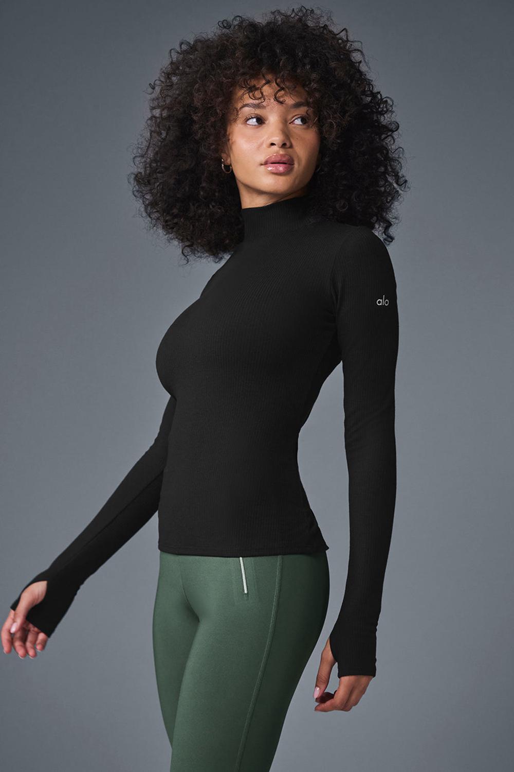 Camisetas Manga Larga Alo Yoga Wellness Rib Mock Neck Mujer Negras | Colombia  GFPJ-06953