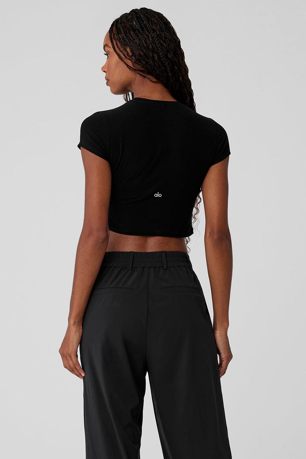 Camisetas Running Alo Yoga Ribbed Sea Coast Cropped Sleeve Mujer Negras | Colombia  YGQN-13784