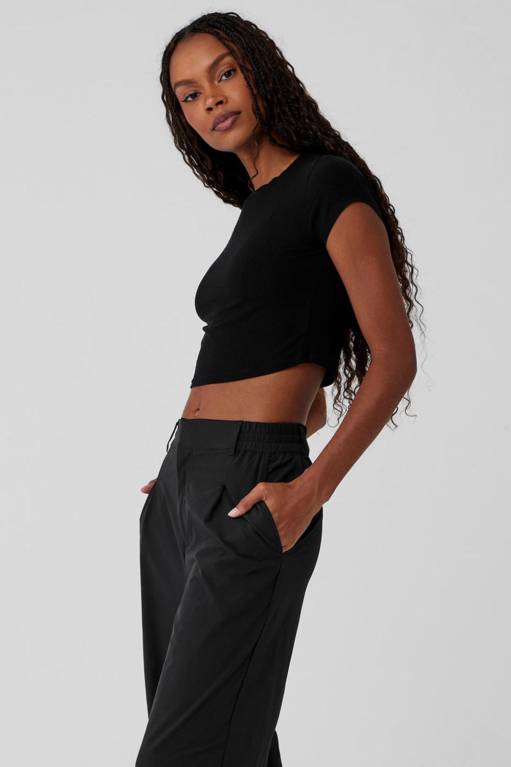 Camisetas Running Alo Yoga Ribbed Sea Coast Cropped Sleeve Mujer Negras | Colombia  YGQN-13784