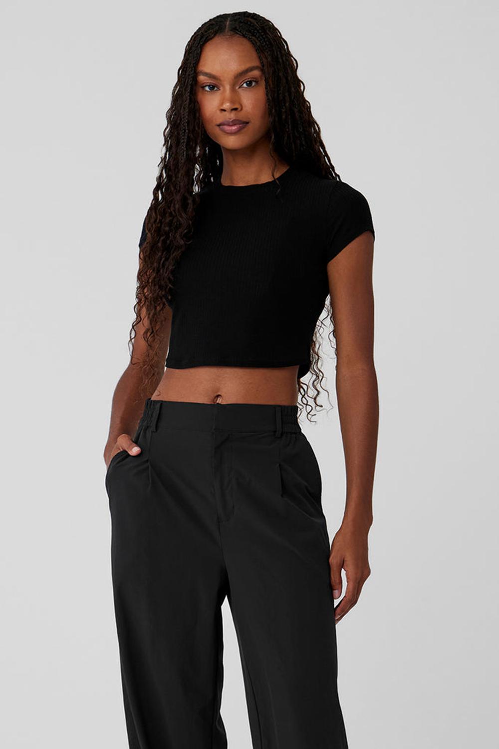 Camisetas Running Alo Yoga Ribbed Sea Coast Cropped Sleeve Mujer Negras | Colombia  YGQN-13784