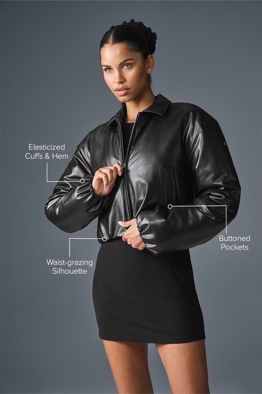 Chaqueta Bomber Alo Yoga Faux Leather Cropped Premier Mujer Negras | Colombia  REBJ-34725