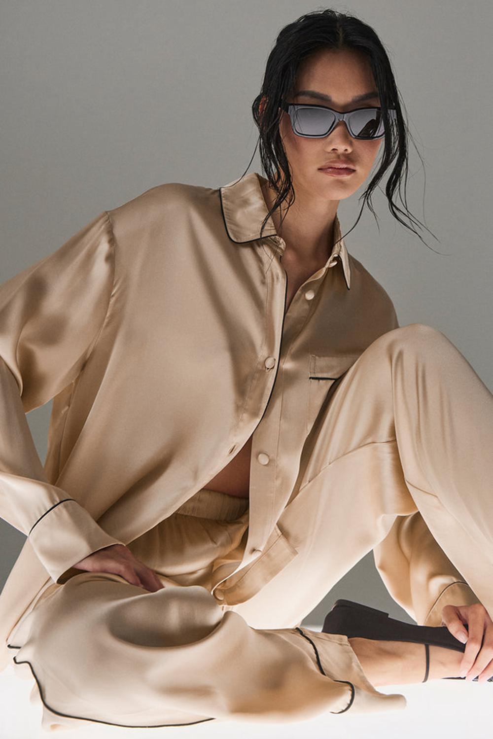 Ropa Interior Alo Yoga Courchevel Silk Button Down Mujer Negras | Colombia  ZHFN-14960