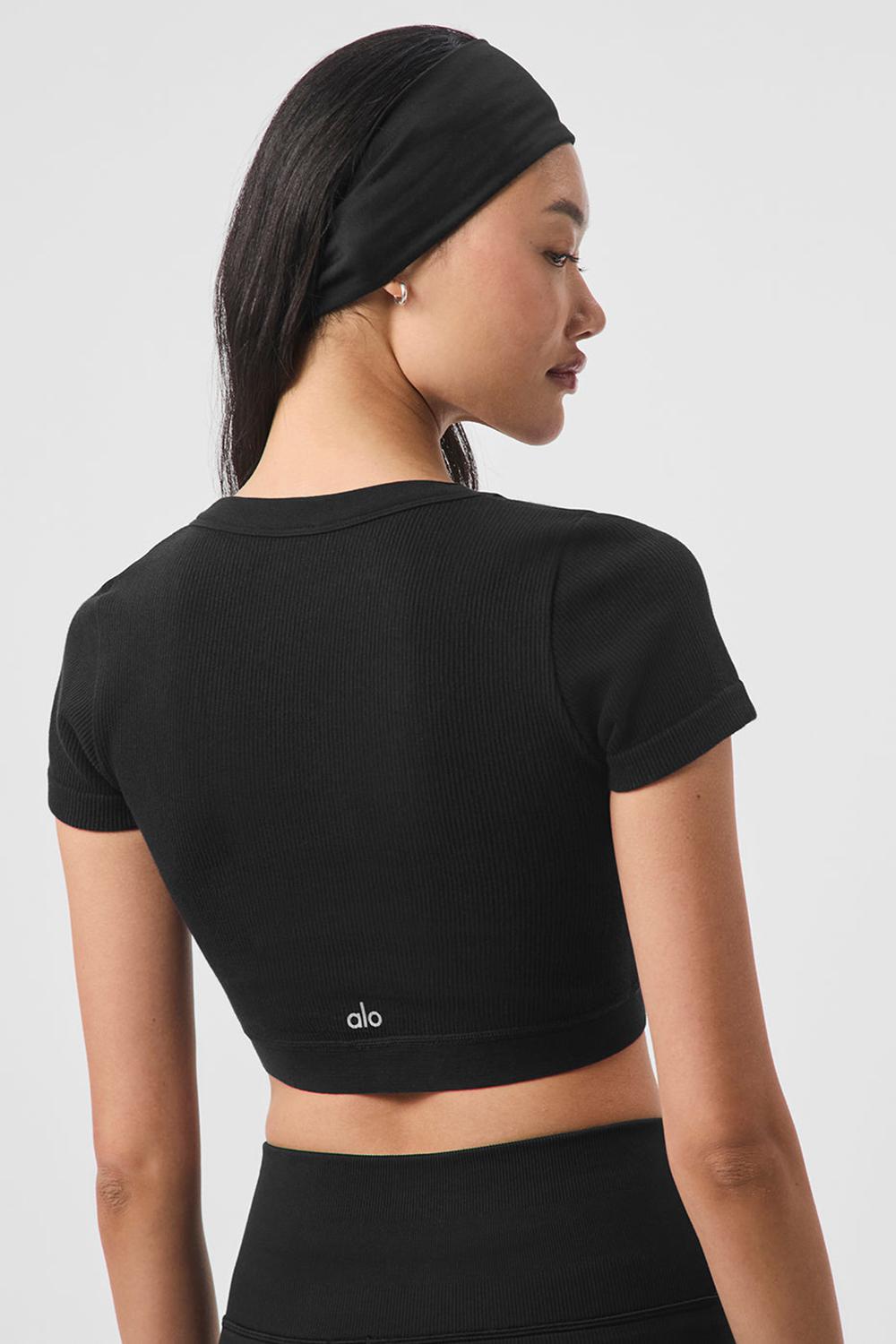 Short Sleeve Alo Yoga Seamless Ribbed Cropped Serene Mujer Negras | Colombia  KNDZ-86390